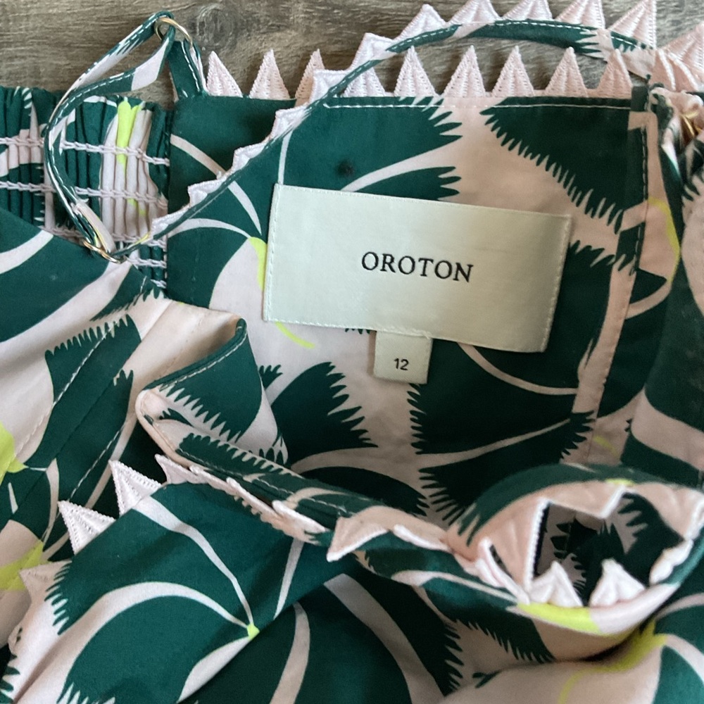 Oroton Fan Flower-print sundress featuring saw-tooth lace trims size 12 - Picture 4 of 7